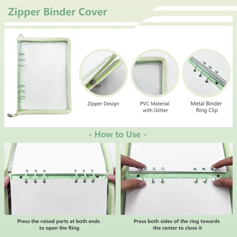 NOCAFI Sticker Storage Organizer Binder A5 Sticker Collecting Book Zipper Album for Adult with Blank Reusable Release Paper and Pocket Pages (Green) - Image 2